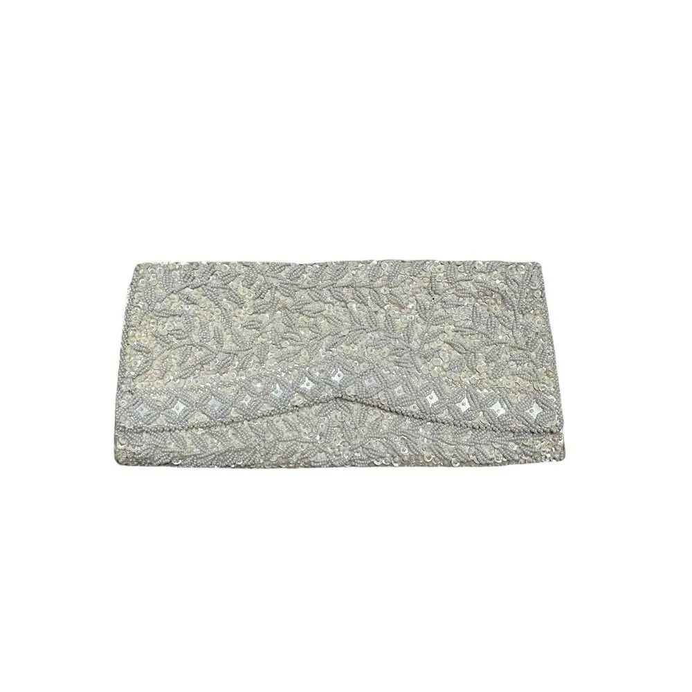 Vintage Cream Satin Beaded Sequin Iridescent Clutch